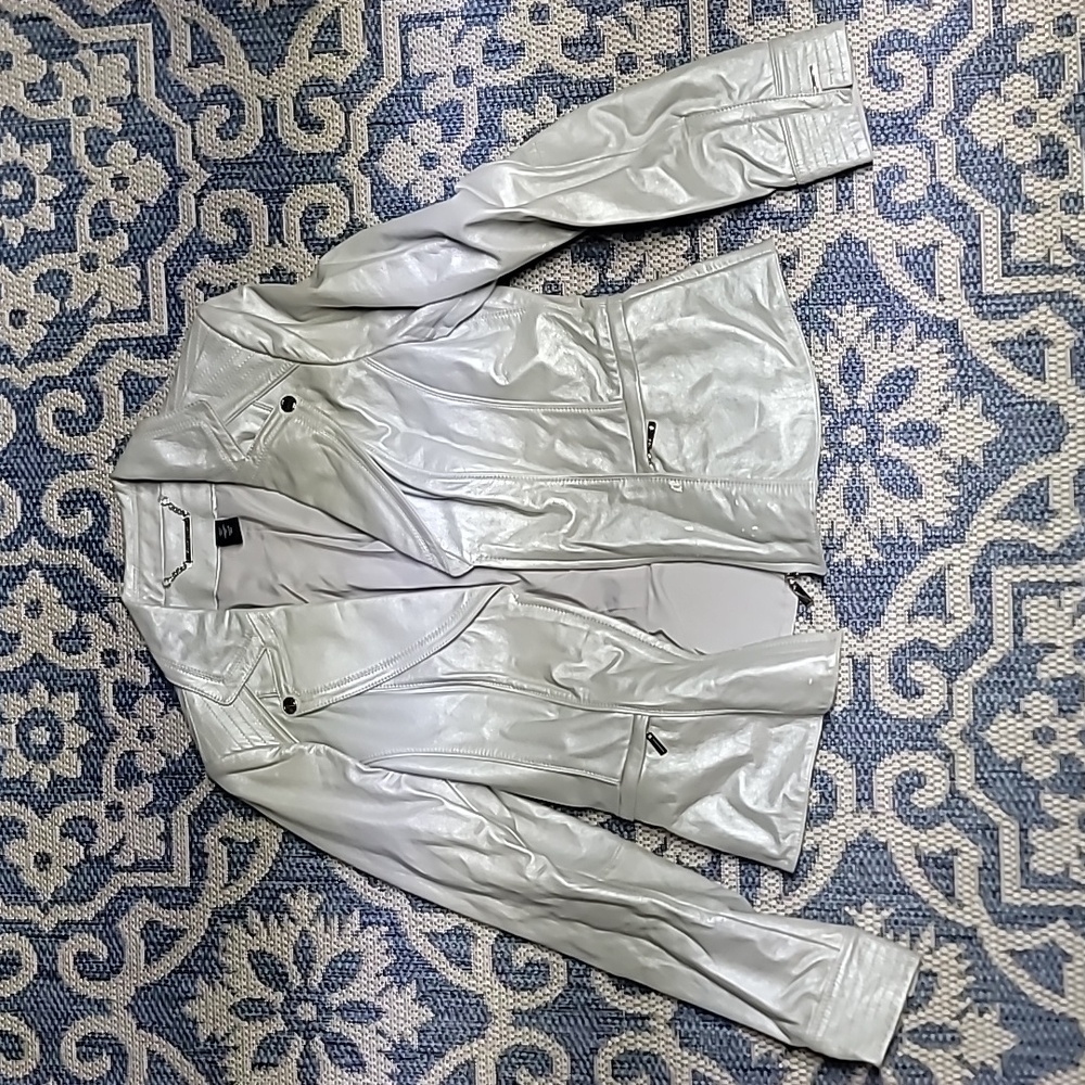 White House Black Market Silver Moto Leather Jacket - Large
